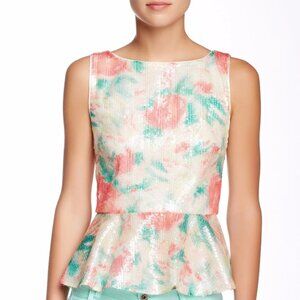 ALICE+OLIVIA "Rosie" Abstract Garden Sequined Silk Lined Peplum Top size M